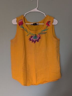 Hand-Embroidered Yellow Linen Tank Top